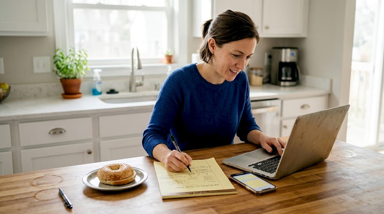 Business owner planning website at kitchen island